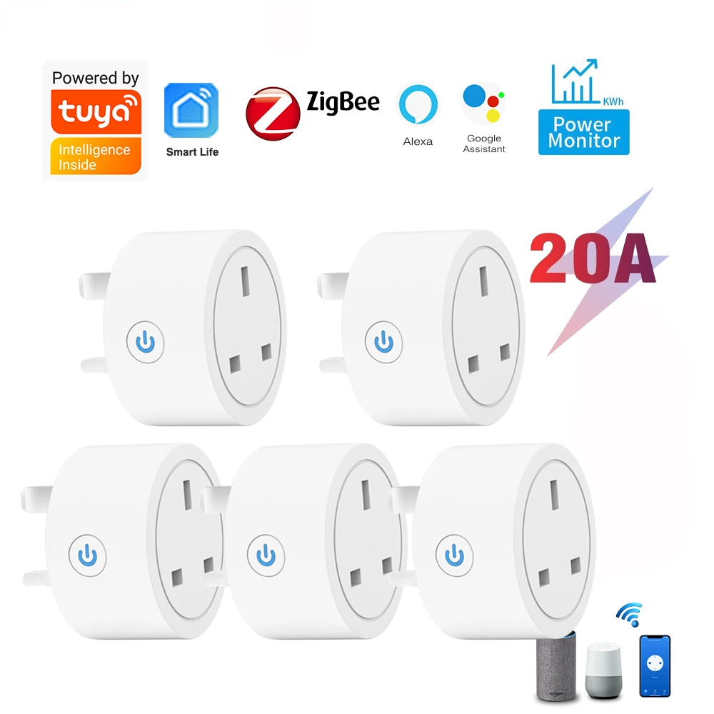 20A Tuya Zigbee Smart Socket UK Plug Adapter Power monitoring with Zigbee Hub for Intelligent Control Support Google Home Alexa