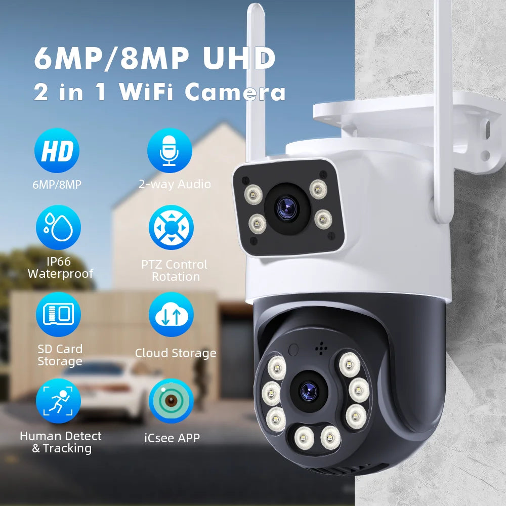 KKOREX Outdoor 8MP 4K Wifi PTZ CCTV Two Way Audio Camera Dual Lens Dual Screen AI Auto Tracking IP Video Surveillance Camera