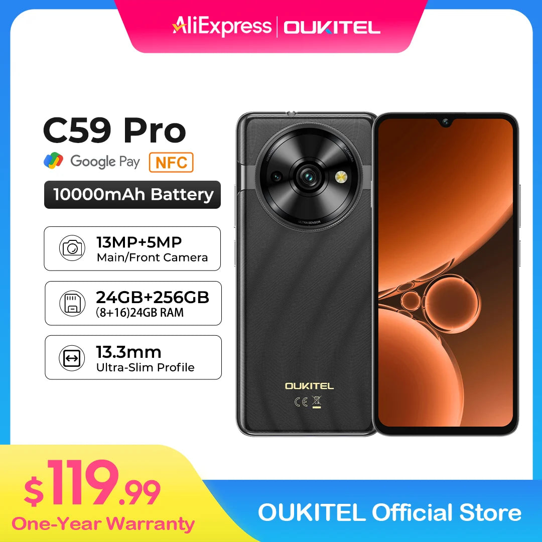 Oukitel C59 PRO smartphone 10000mAh Battery 24GB+256GB 6.88"HD 90Hz Android 15 13.3nm 36mm Powerful Speaker cell phone