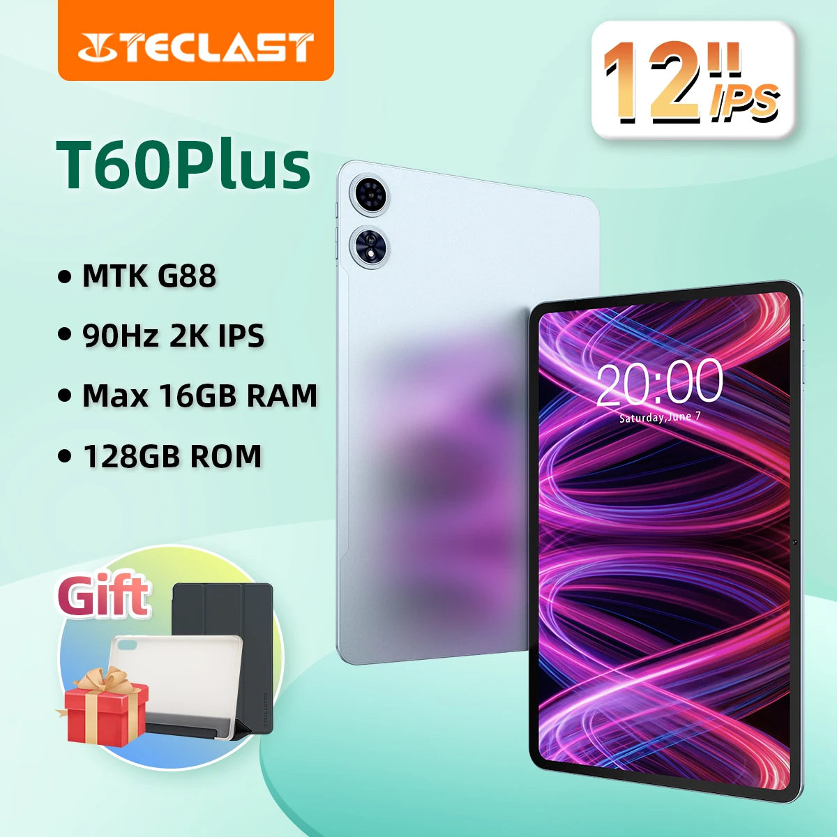 Teclast T60 Plus 12" Tablet 90Hz 2K Display Android 14 Max 16GB RAM 128GB ROM MTK G88 Octa-Core 8000mAh Widevine L1 4G LTE GPS