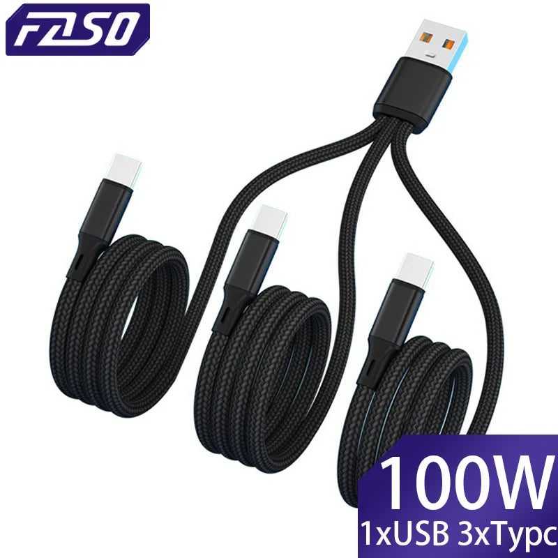 3 In 1 USB-Type C 100W Fast Charging USB A-3Type-C Data Cable For Samsung S24 Xiaomi Huawei Android USB C Data Transfer Cord