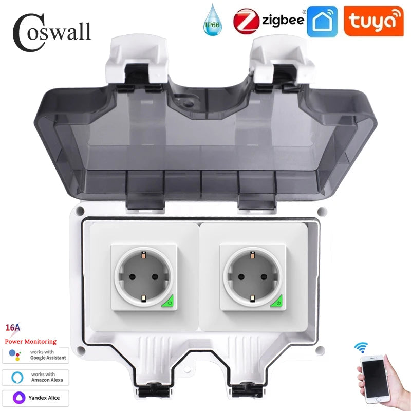 Coswall IP66 Waterproof EU Socket Tuya WIFI / Zigbee Timer Switch Programmable With Power Monitoring Function White