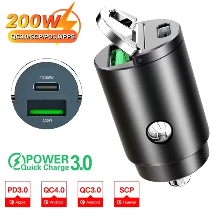 200W Car Mobile Phones Fast Charger Dual USB Quick Charger 3.0 USB Type C 12-24V Lighter Fast Charging Car Power Charger Adapter