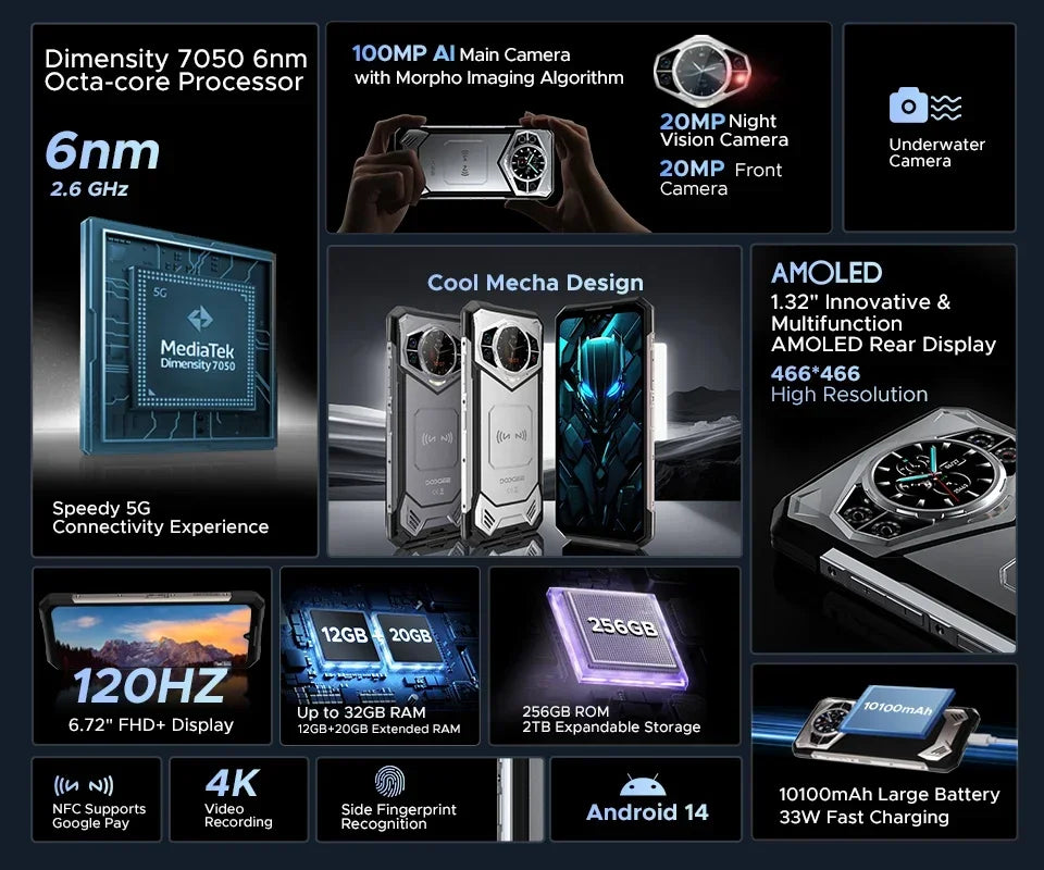 DOOGEE S200 5G Rugged Smartphone 32GB(12+20) 256GB 6.72" 120Hz 1.32'' AMOLED Rear Display 100MP 10100mAh Android 14 Cellphone