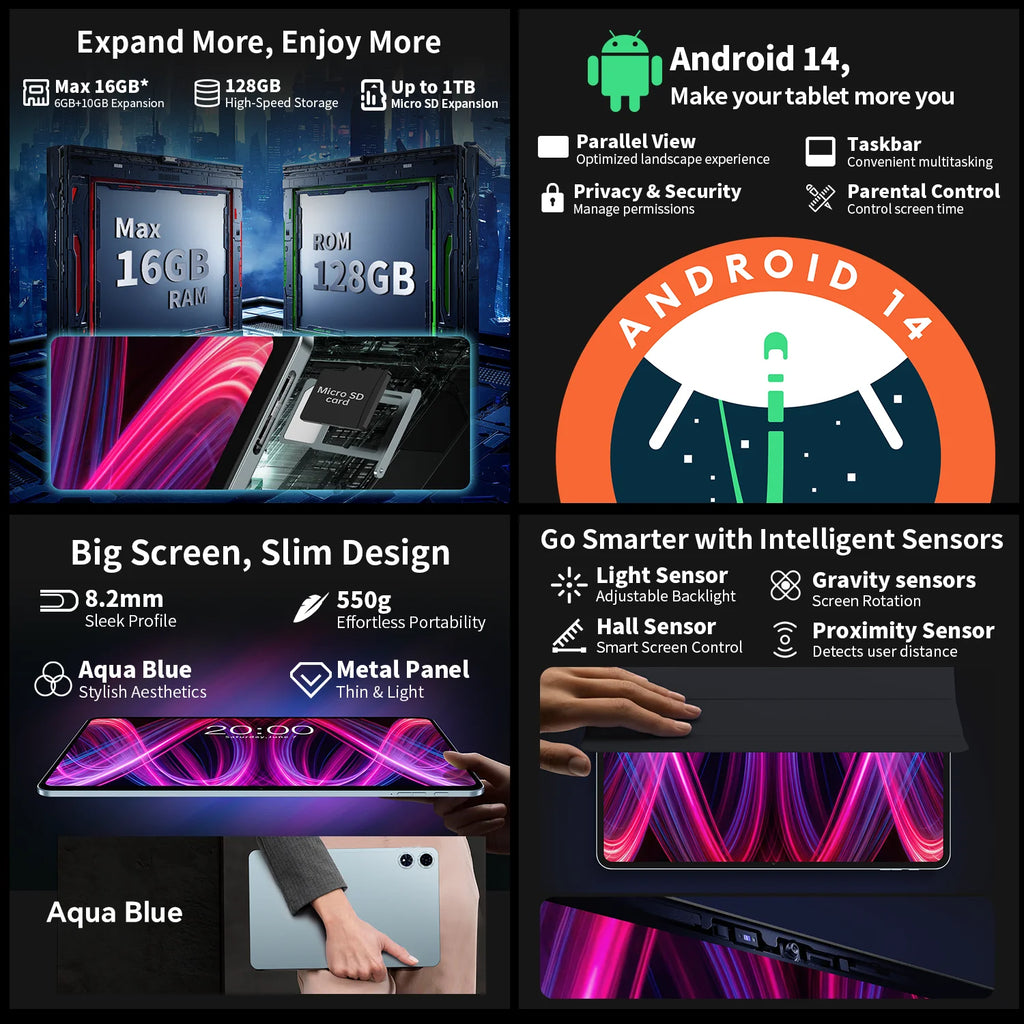 Teclast T60 Plus Tablet 12" 90Hz 2K Display Android 14 MTK G88 Octa-Core Max 16GB RAM 128GB ROM Widevine L1 4G LTE GPS 8000mAh