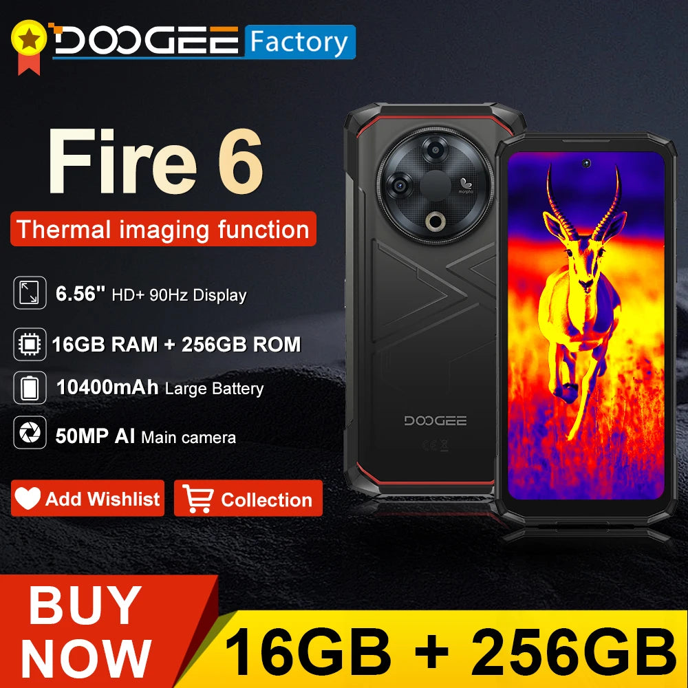 DOOGEE Fire 6 Thermal Imaging Rugged Smartphone 16GB(6+10) 256GB 6.56" Display 50MP Camera 10400mAh/18W Android 14 Cellphone