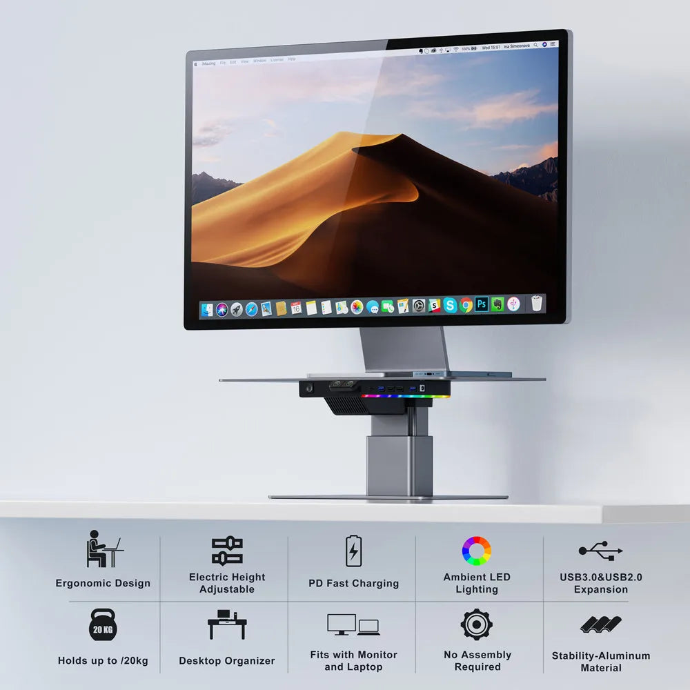 Factory Custom Logo Box Desktop Aluminum Metal Auto Adjustable RGB Lights Computer Laptop Monitor Stand Riser USB