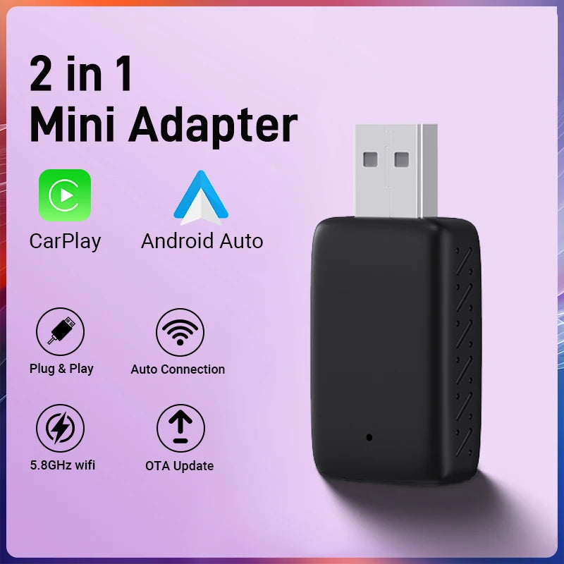 NEW 2in1 Mini  Wireless Carplay Adapter And Android Auto Wireless Adapter  Wired to Wireless Plug And Play  For 99% OEM Cars